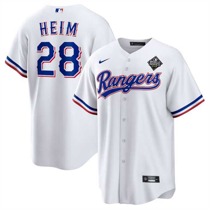 Men%27s Texas Rangers #28 Jonah Heim 2023 White World Series Stitched Baseball Jersey Dzhi